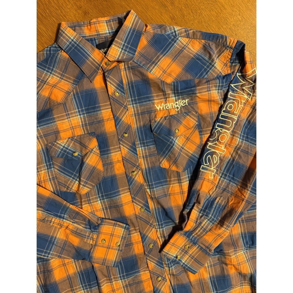Wrangler Shirt Men's XL Orange‎ Blue Plaid Pearl Snap Western Rodeo Logo LS
